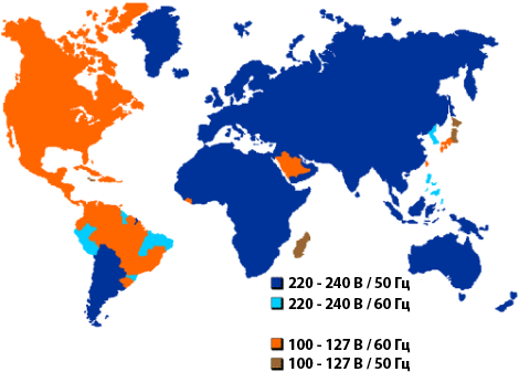 Частота, напряжение тока и типы розеток в разных странах